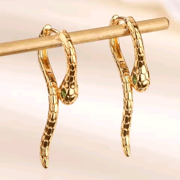Gold Snake Earrings with Green Accent - Picture 1 of 7